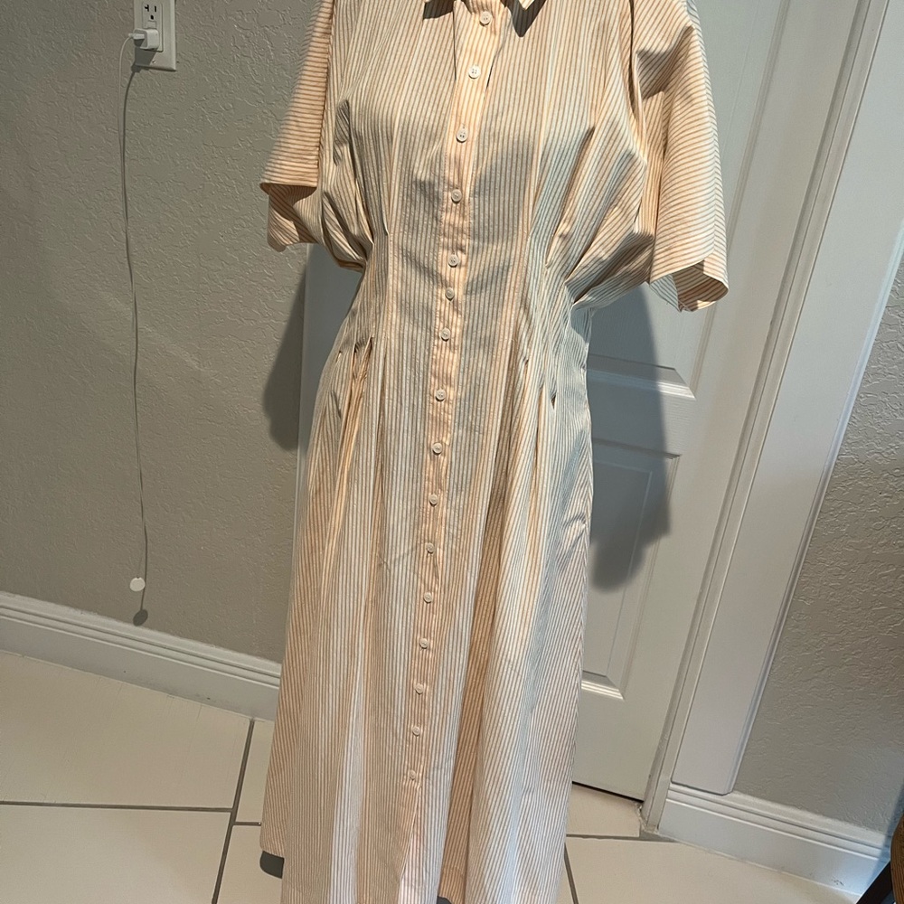 Together Cream Dress with Tan Pinstripes Midi